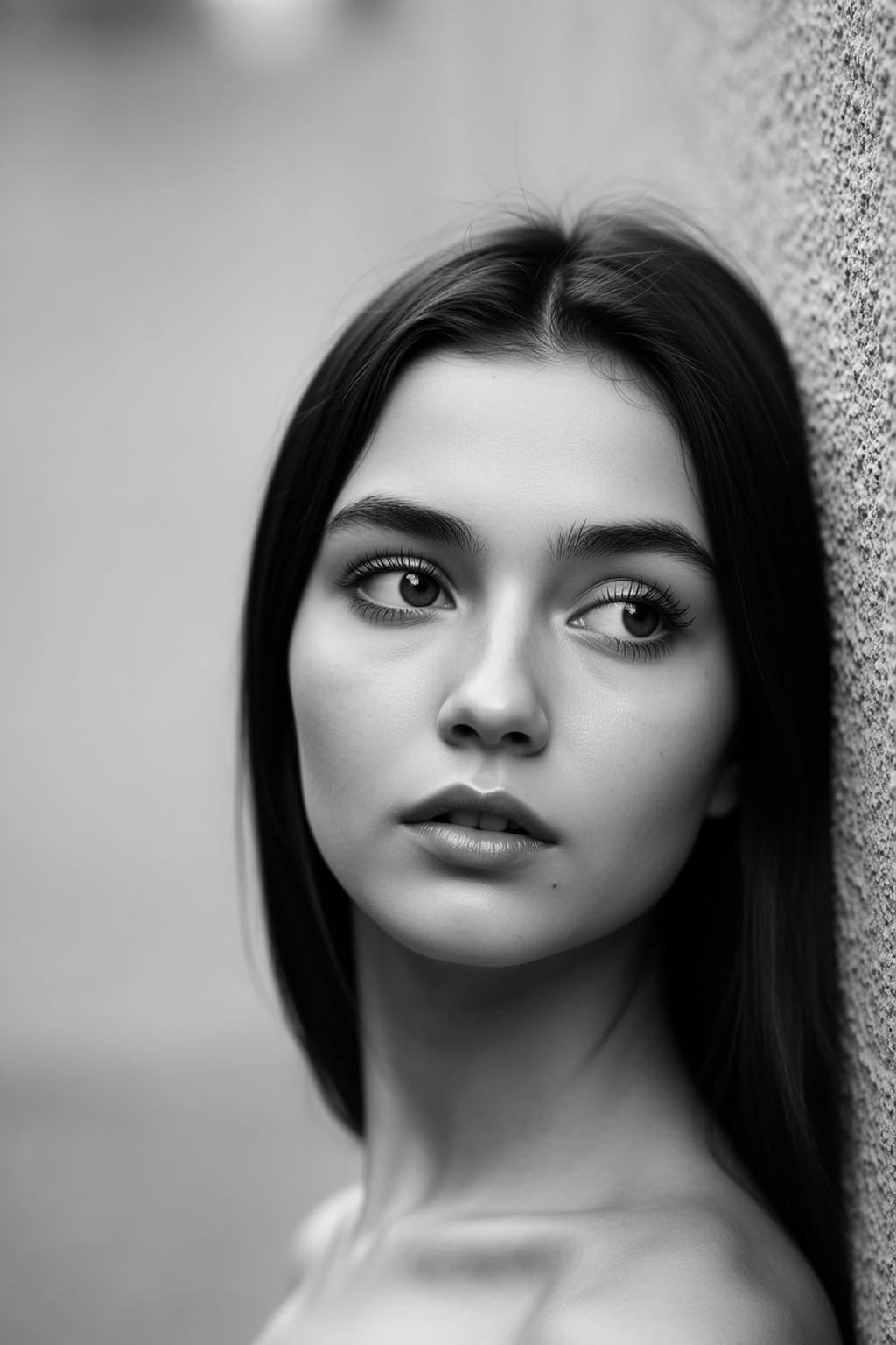 Photorealistic Black And White Medium Close-up Portrait Young Woman With