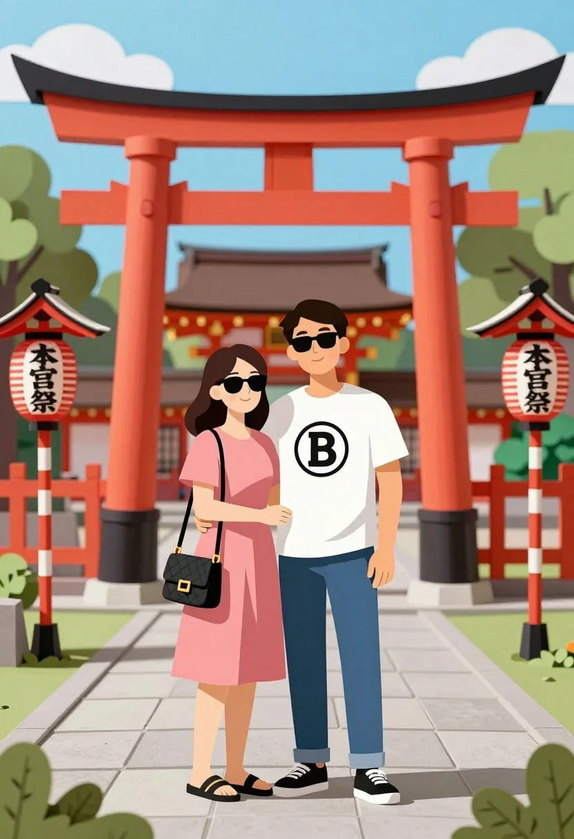 A couple smiling in front of a large red Torii gate at a Japanese shrine.