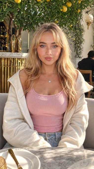 Pink Tank Denim Fleece Lemon Tree Restaurant – A medium shot captures the woman in the uploaded reference image (DO NOT