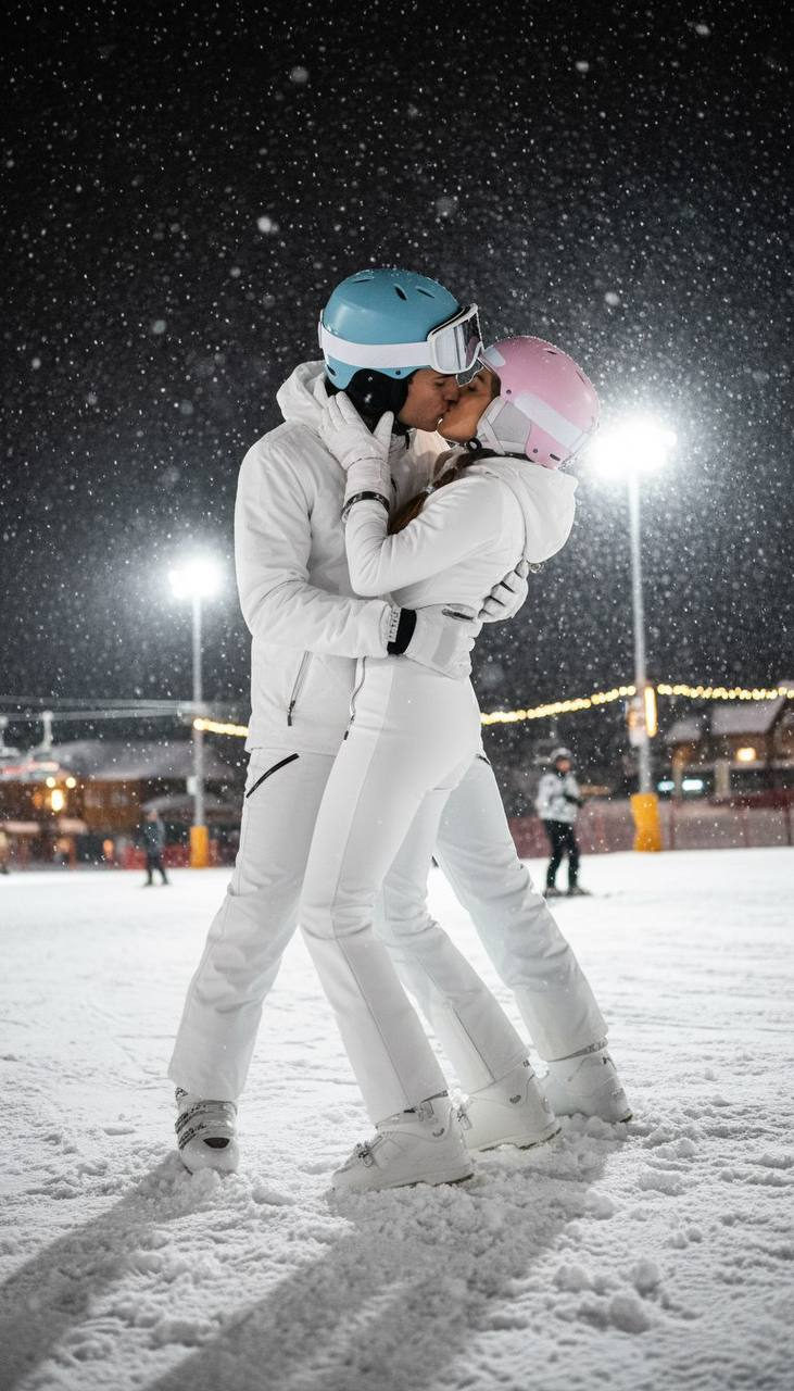 A couple in ski gear shares a romantic kiss on a snowy slope, illuminated by bright floodlights amidst heavy snowfall.