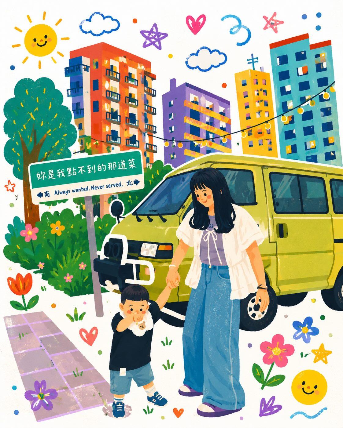 Adult And Child Walking On Sidewalk With Yellow Van
