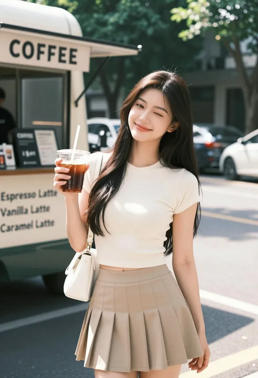 Young Woman With Long Dark Hair Stands Smiling Gently While