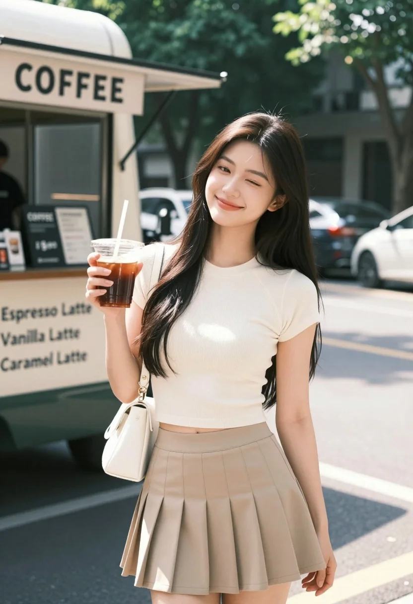 Young woman with long dark hair smiling gently while holding an iced coffee drink outdoors, with a blurred sunny background.