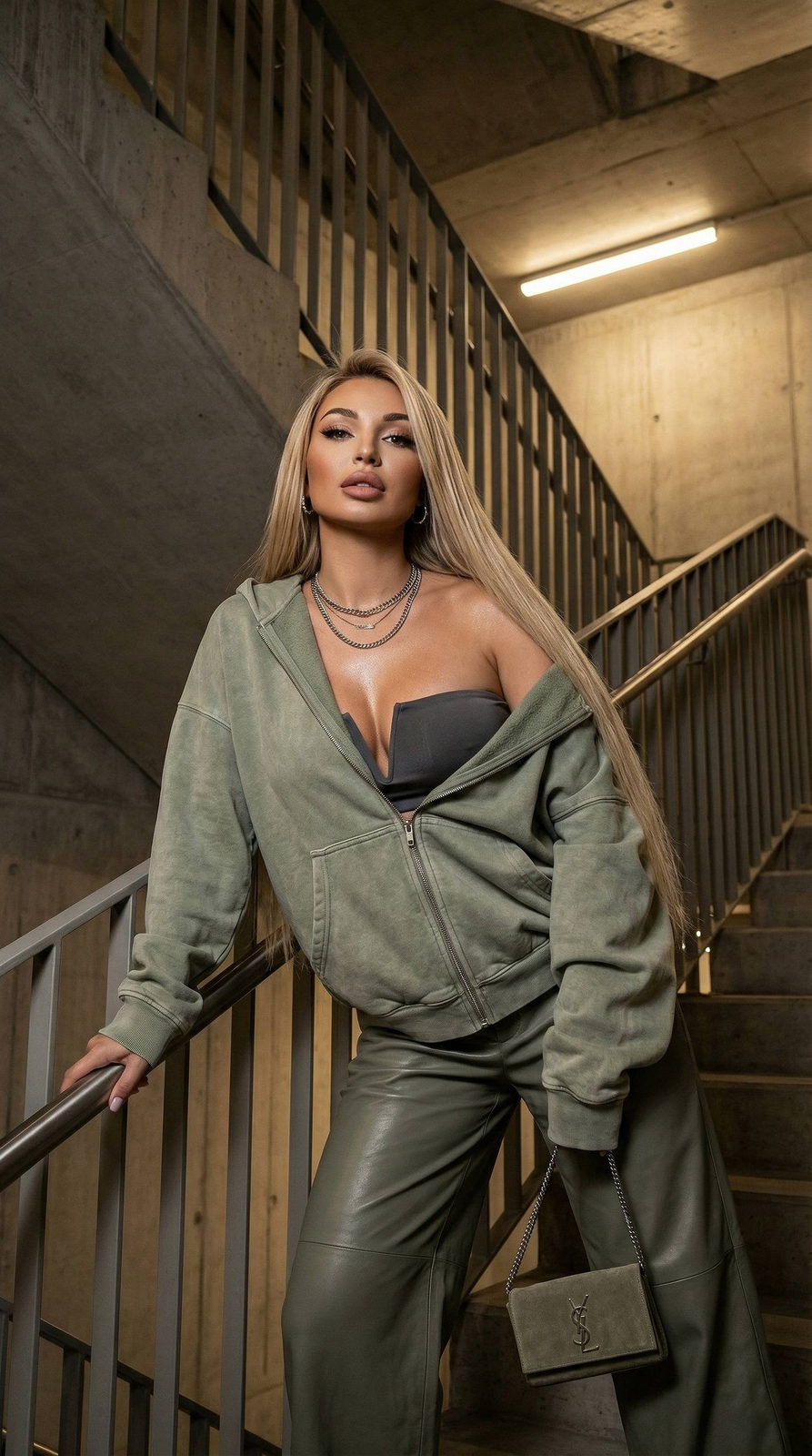 A confident woman in a sage zip-up hoodie and dark bandeau, posing on concrete stairs with artificial lighting.