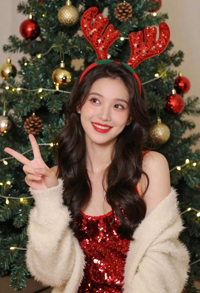 Cheerful Young Woman With Long Dark Wavy Hair Stands Front