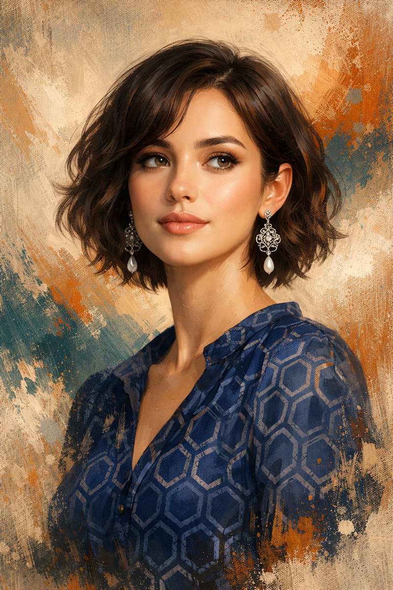 A beautiful semi-realistic portrait of an elegant woman with short wavy dark brown hair and intricate silver earrings, against an abstract background.