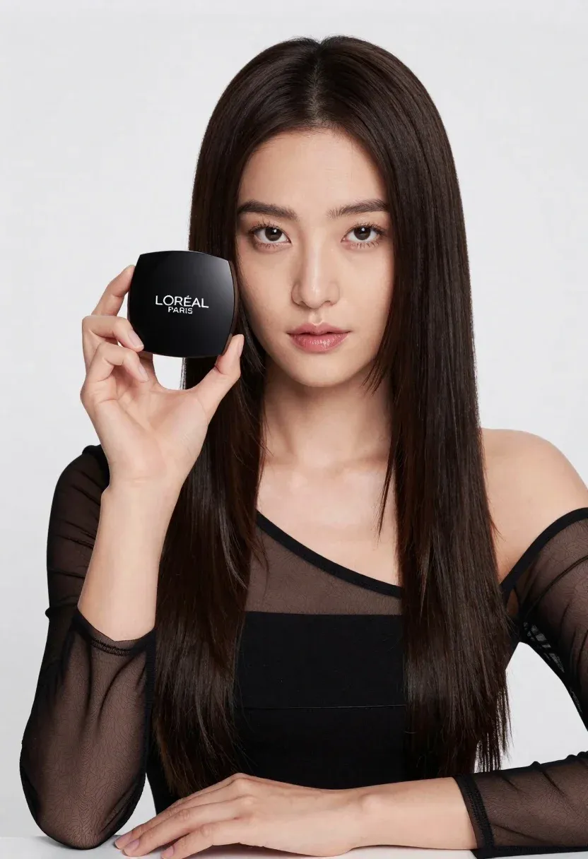 Woman With Long Dark Hair Holds Black Makeup Compact Near