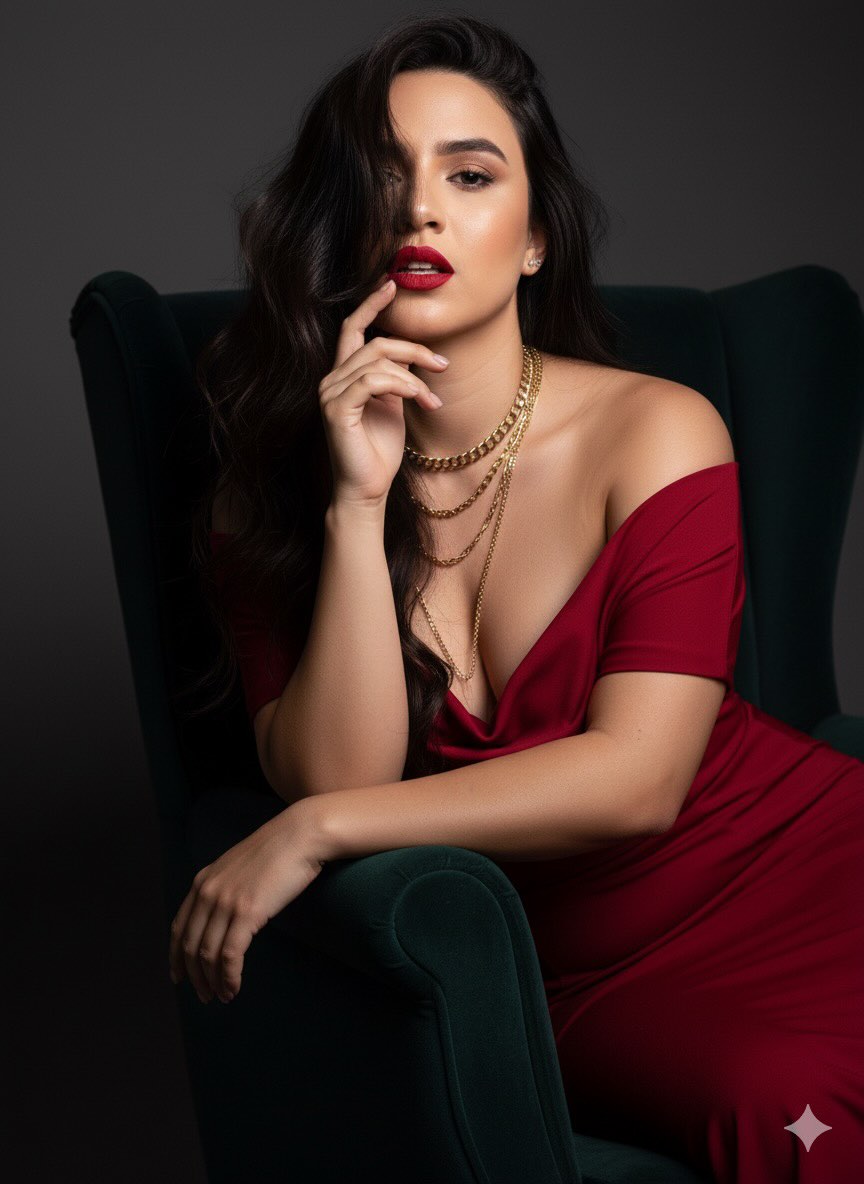 A bold and elegant portrait of a woman in a muted gray-green off-shoulder garment, featuring warm cinematic lighting and a relaxed yet confident posture.
