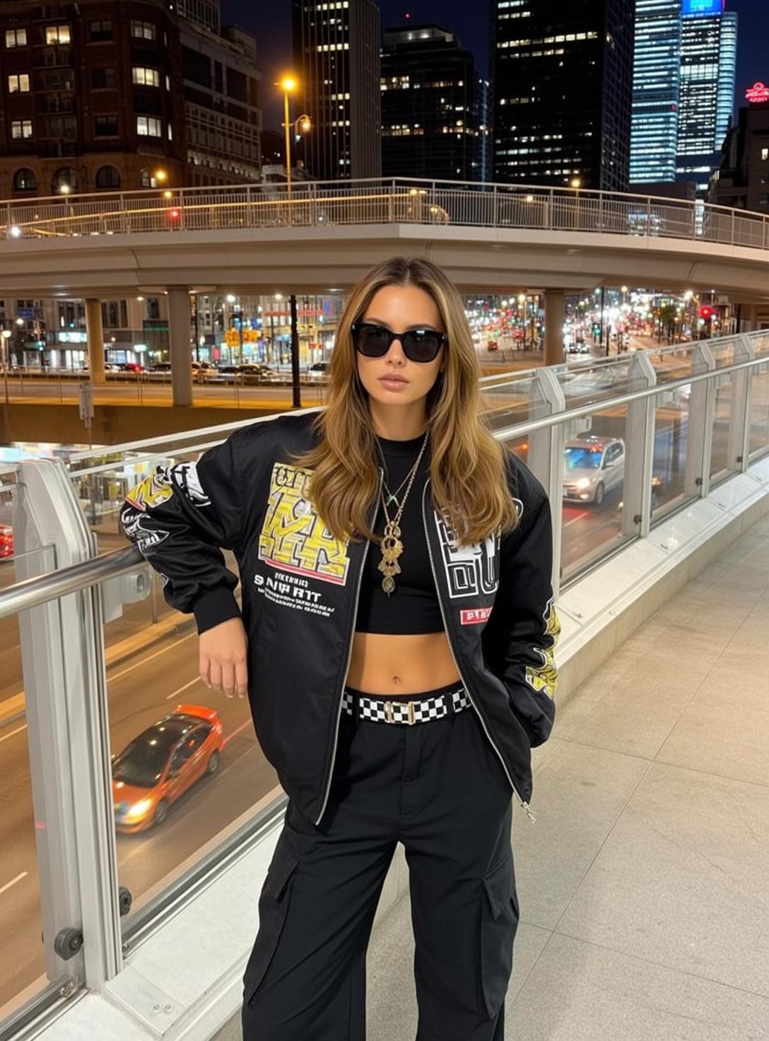 Blonde Woman Urban Overpass Night Yellow Jacket Sunglasses