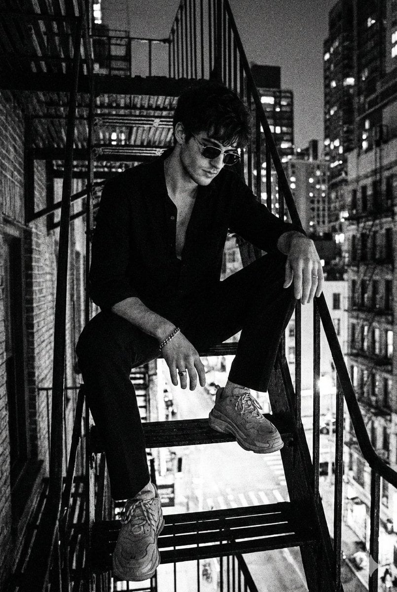Noir Man On Metal Staircase 90s Megacity Street Style
