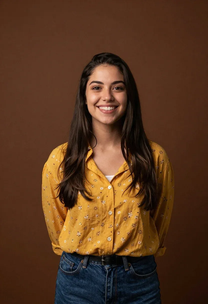 Warm Portrait Smiling Young Woman With Long Dark Hair Standing