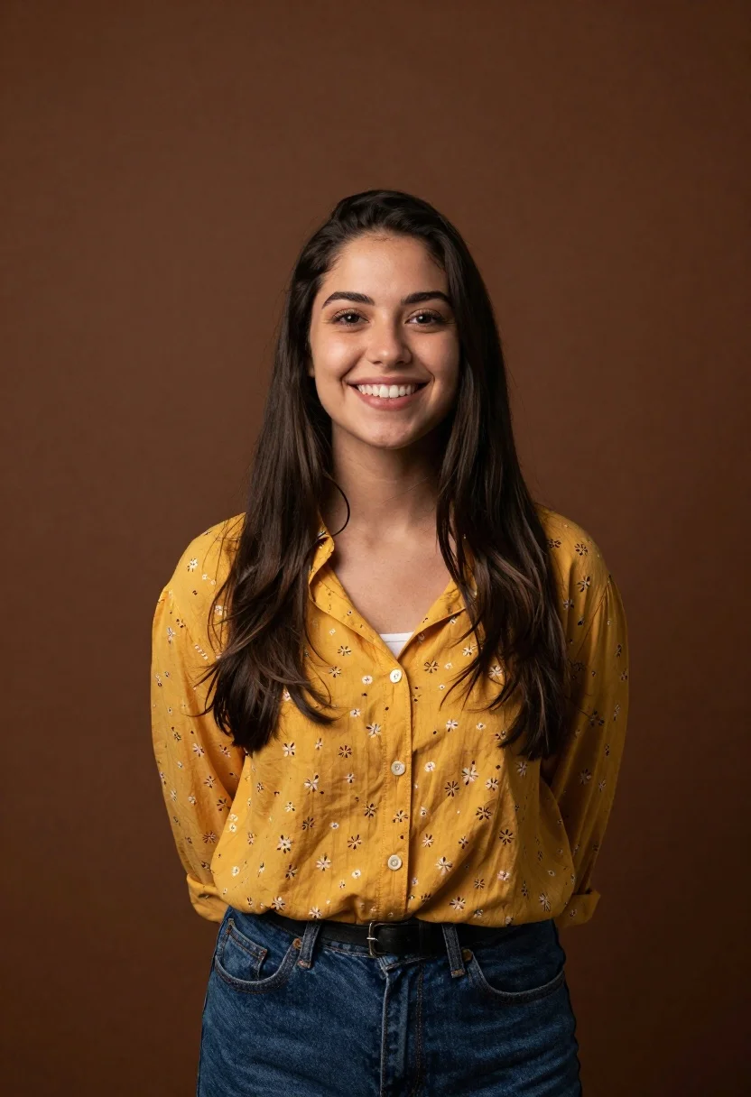 Warm Portrait Smiling Young Woman With Long Dark Hair Standing reference photo