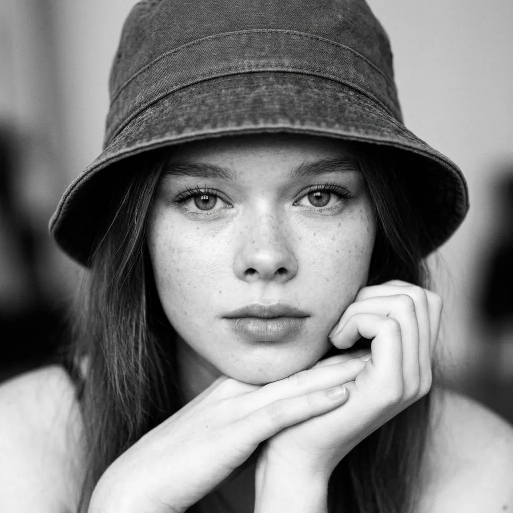 Black And White Portrait Smiling Woman Wearing Dark Bucket Hat