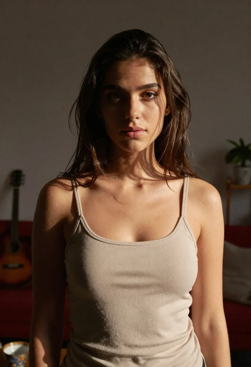 Woman With Long Brown Hair Wearing Beige Tank Top Stands