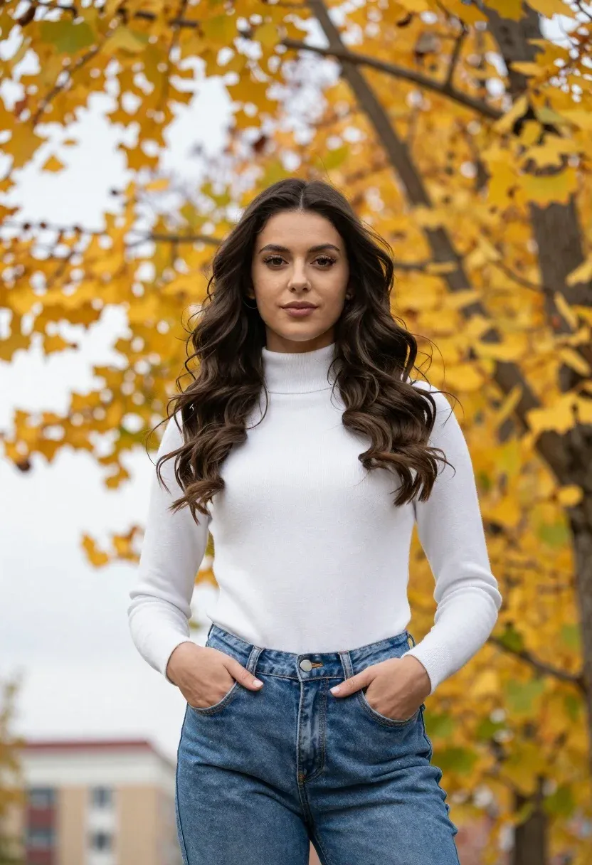 Photorealistic Portrait Young Woman With Long Wavy Brown Hair Standing
