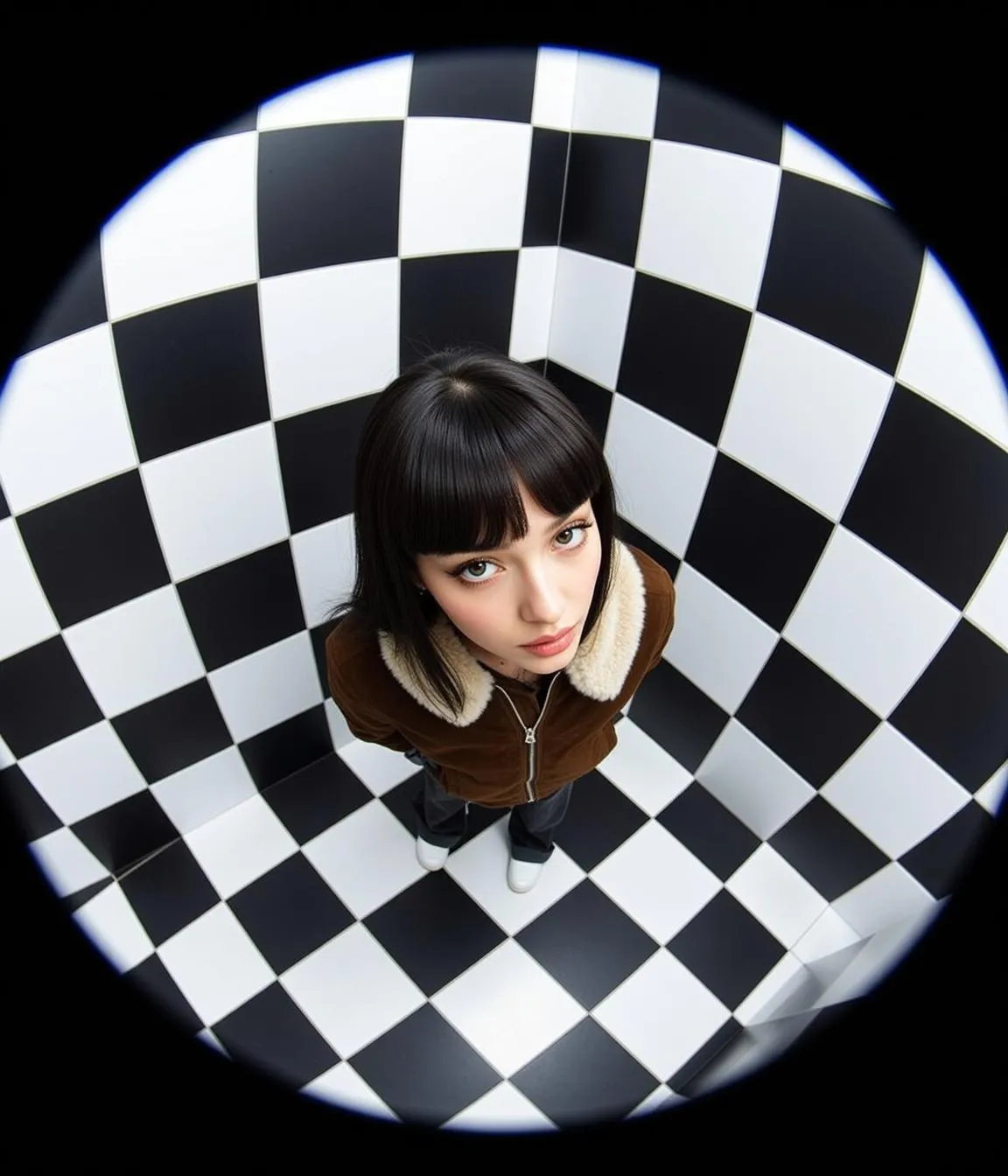 Checkerboard Room Fisheye Portrait Brown Jacket