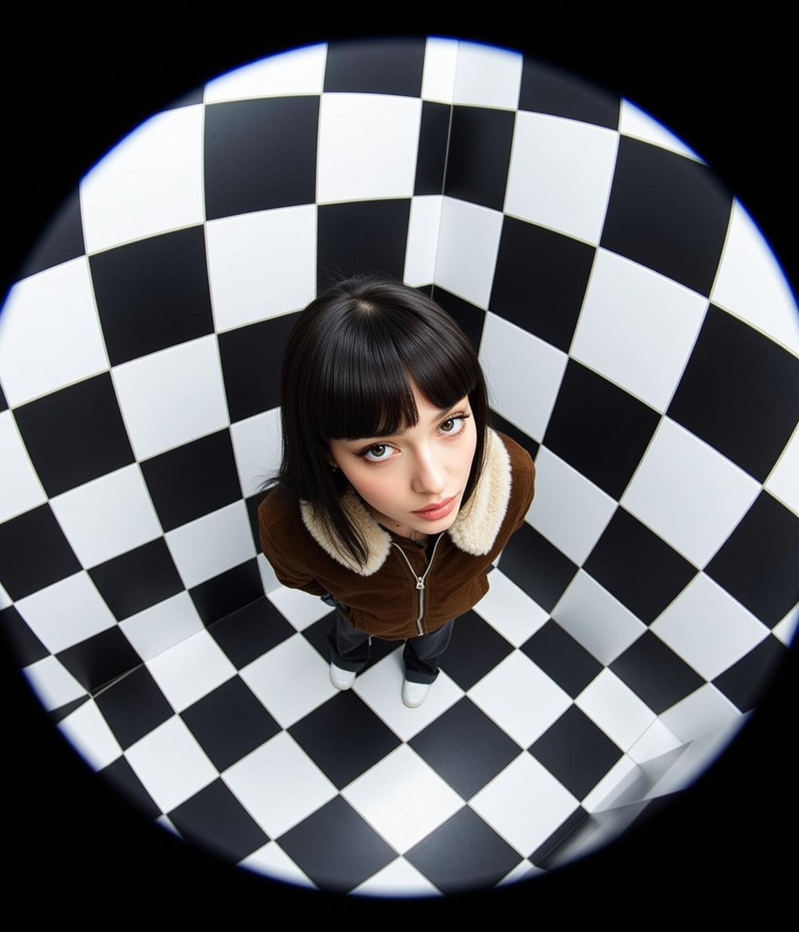 Checkerboard Room Fisheye Portrait Brown Jacket