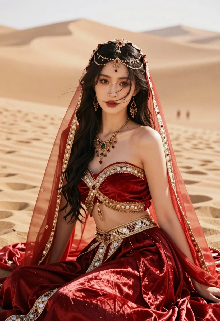 Woman Flowing Red Gown Sits Gracefully Against Backdrop Golden Sand