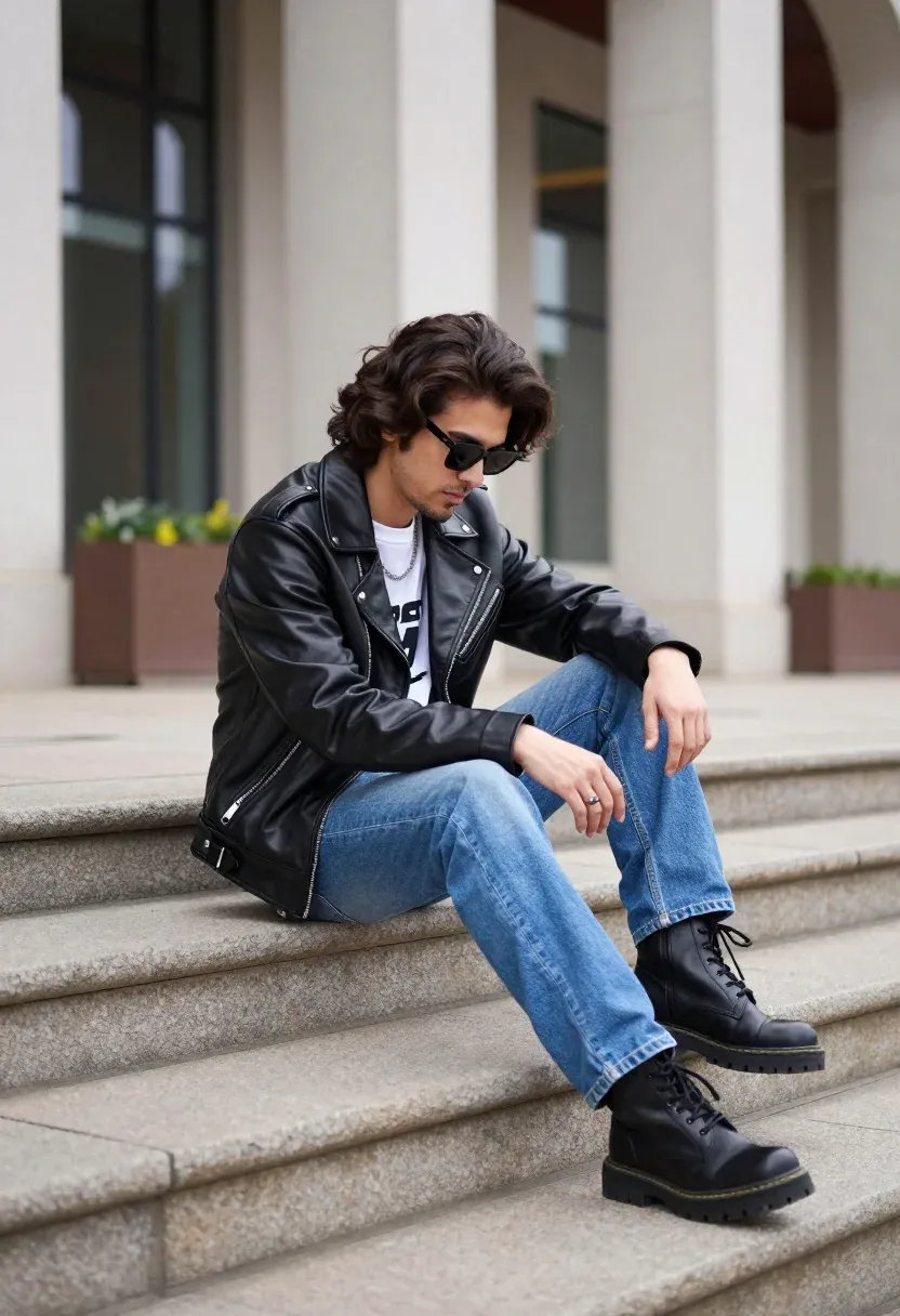 Man Sits Casually Wide Stone Steps Urban Architectural Setting Subject
