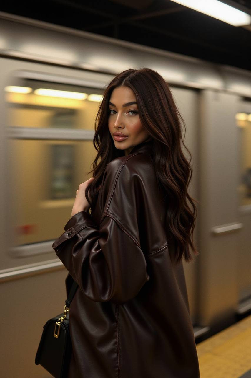 Cinematic street-style portrait of a woman on a subway platform, wearing an oversized brown leather jacket with gold details.