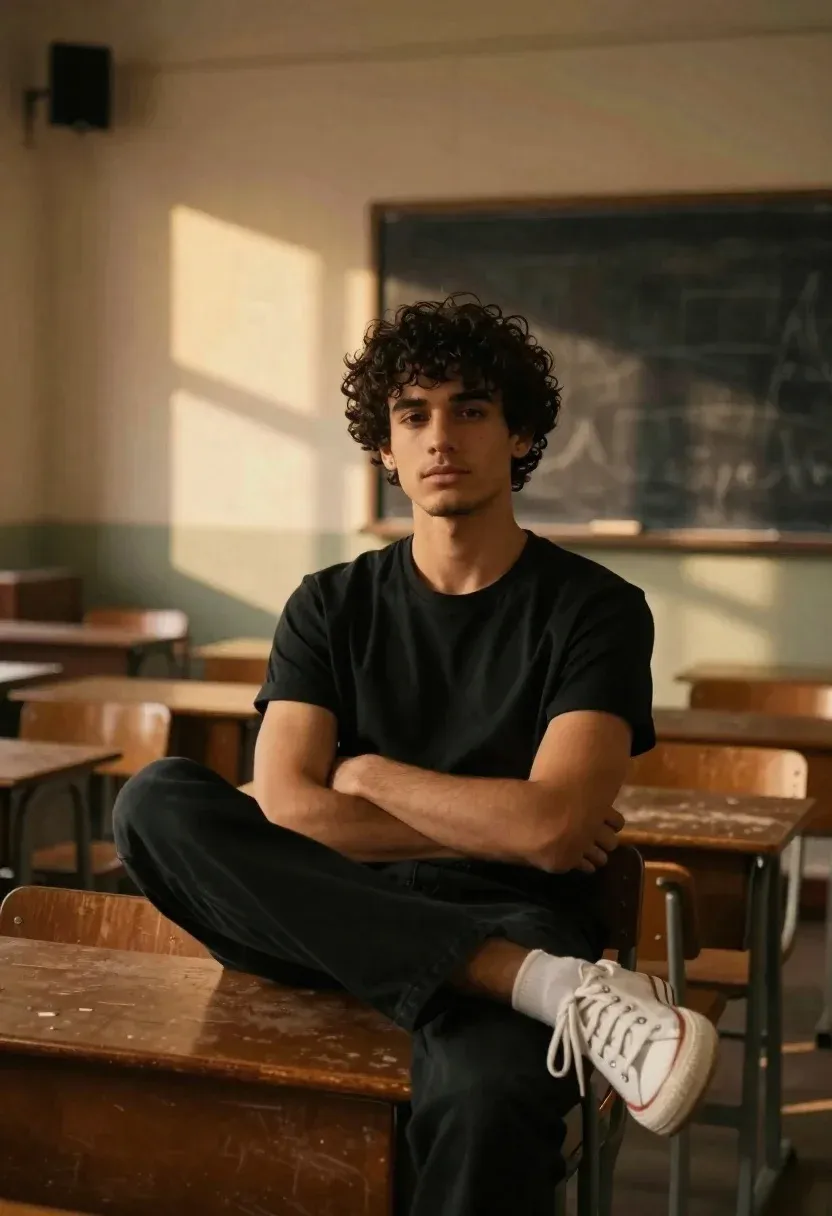 Young Man With Dark Curly Hair Sits Casually Wooden Desk