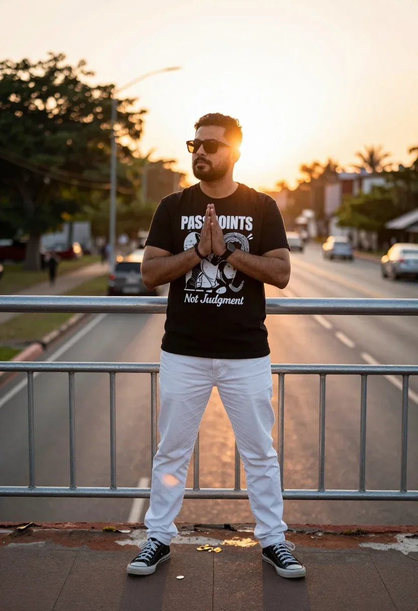 Full-body Portrait Man Standing Confidently Front Metal Railing During Sunset