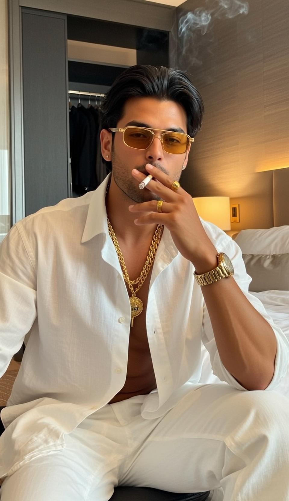 Young Dark Styled Back Tan Unbuttoned White