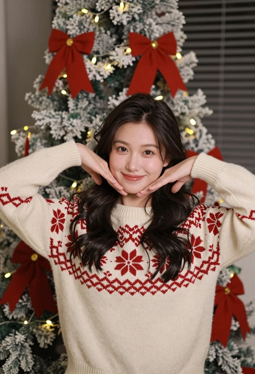 Cheerful Young Woman With Long Dark Wavy Hair Smiles Warmly