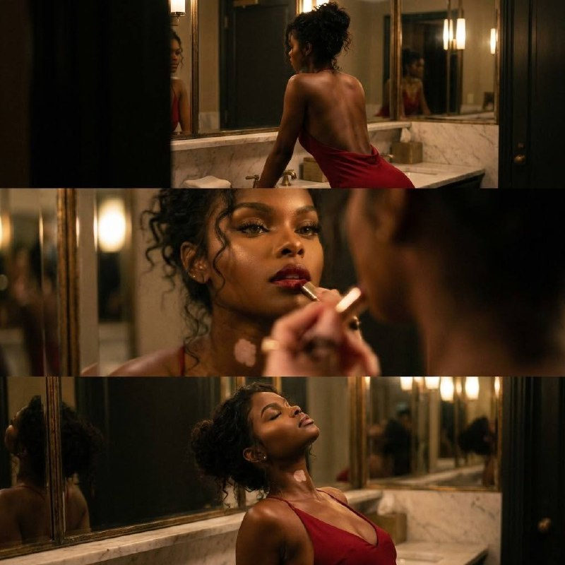 An intimate scene of a person in a red dress leaning against a sink, face shadowed, beautifully illuminated from behind.