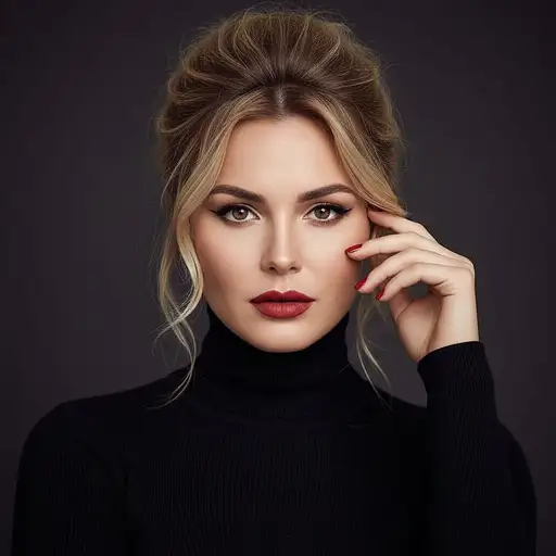 Cinematic close-up of a woman in black turtleneck, bold red lips, dramatic eyeliner, against a moody backdrop.