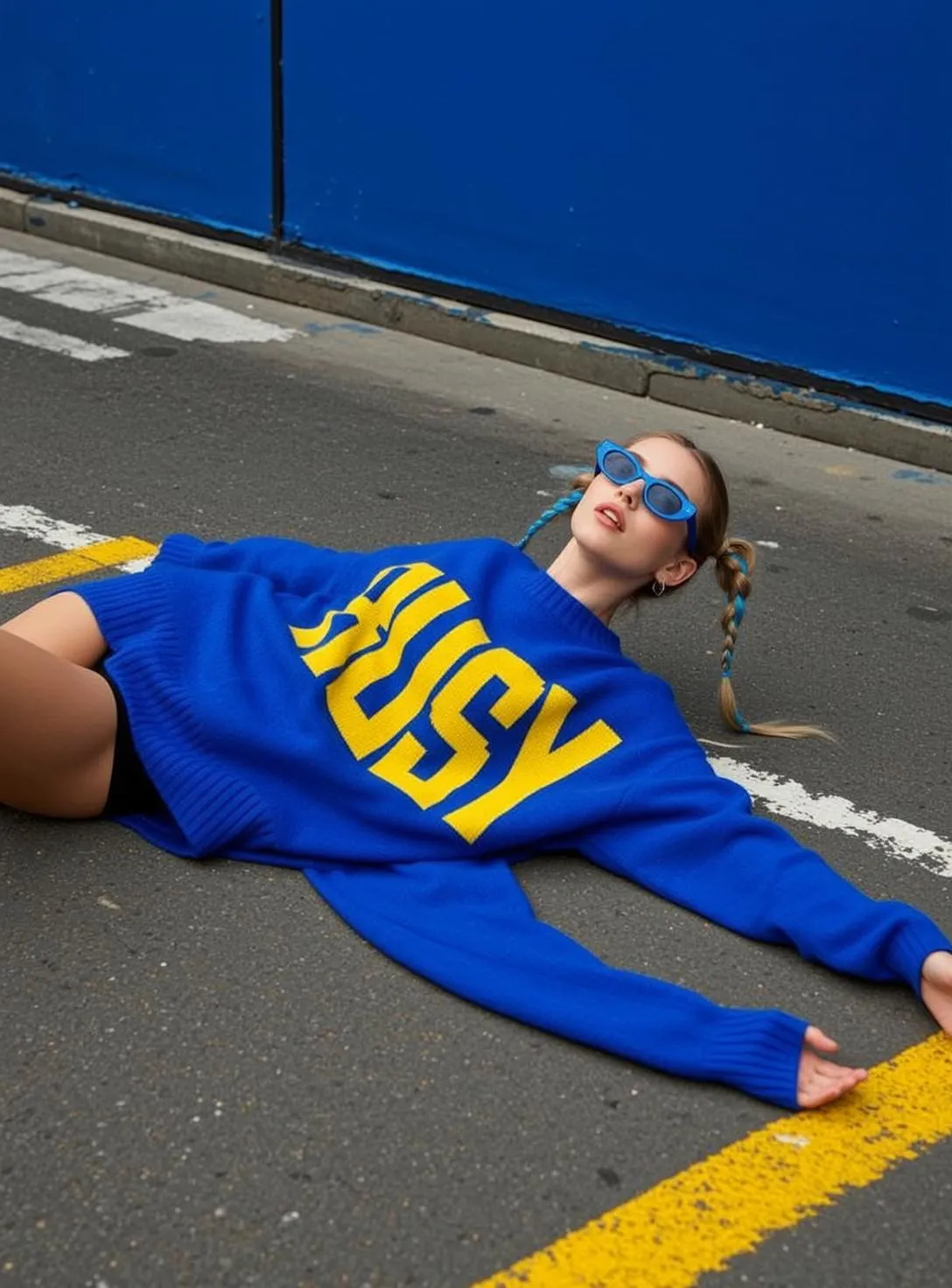 Blue Cat Eye Sunglasses With Sweater Street Portrait
