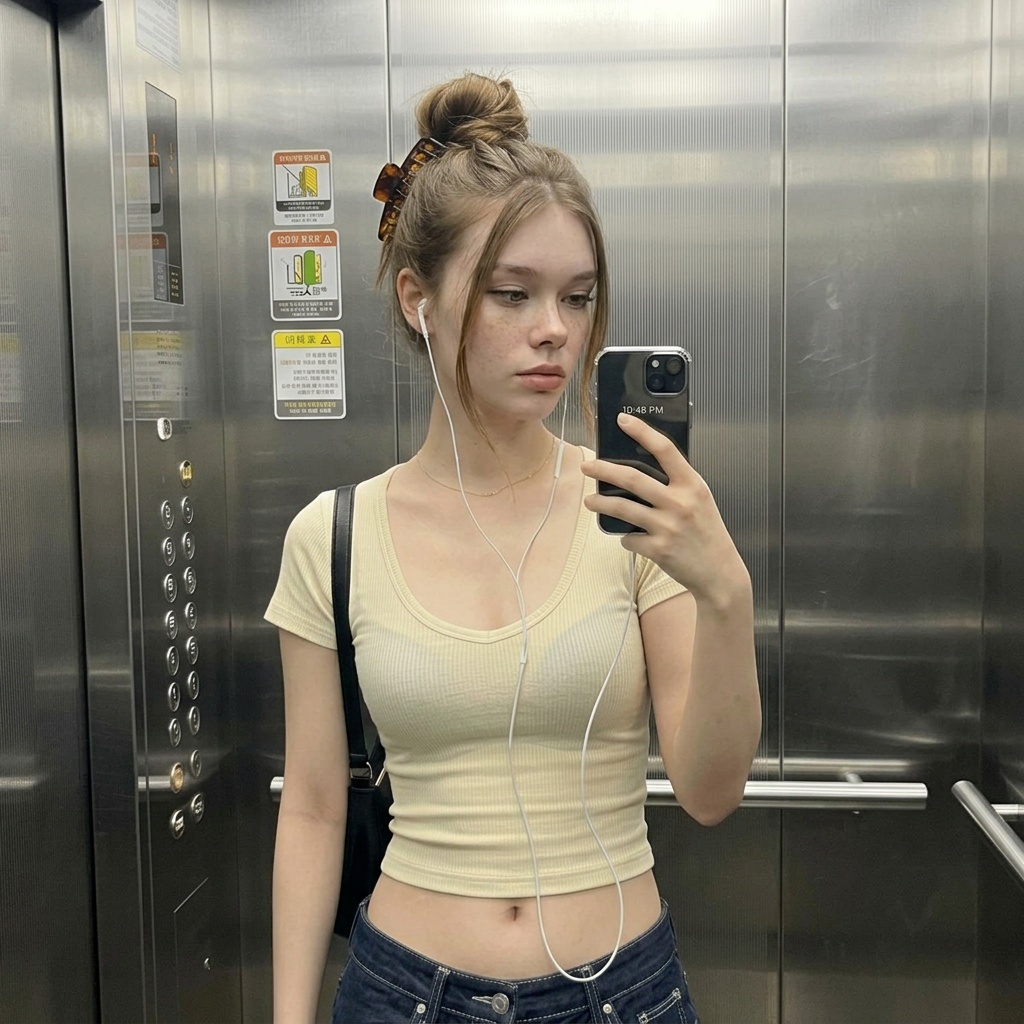 A photorealistic mirror selfie featuring Mila in a casual pose in an elevator, perfectly capturing the surroundings.