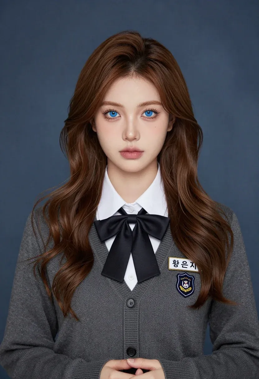 Portrait Young Woman With Long Wavy Brown Hair And Striking