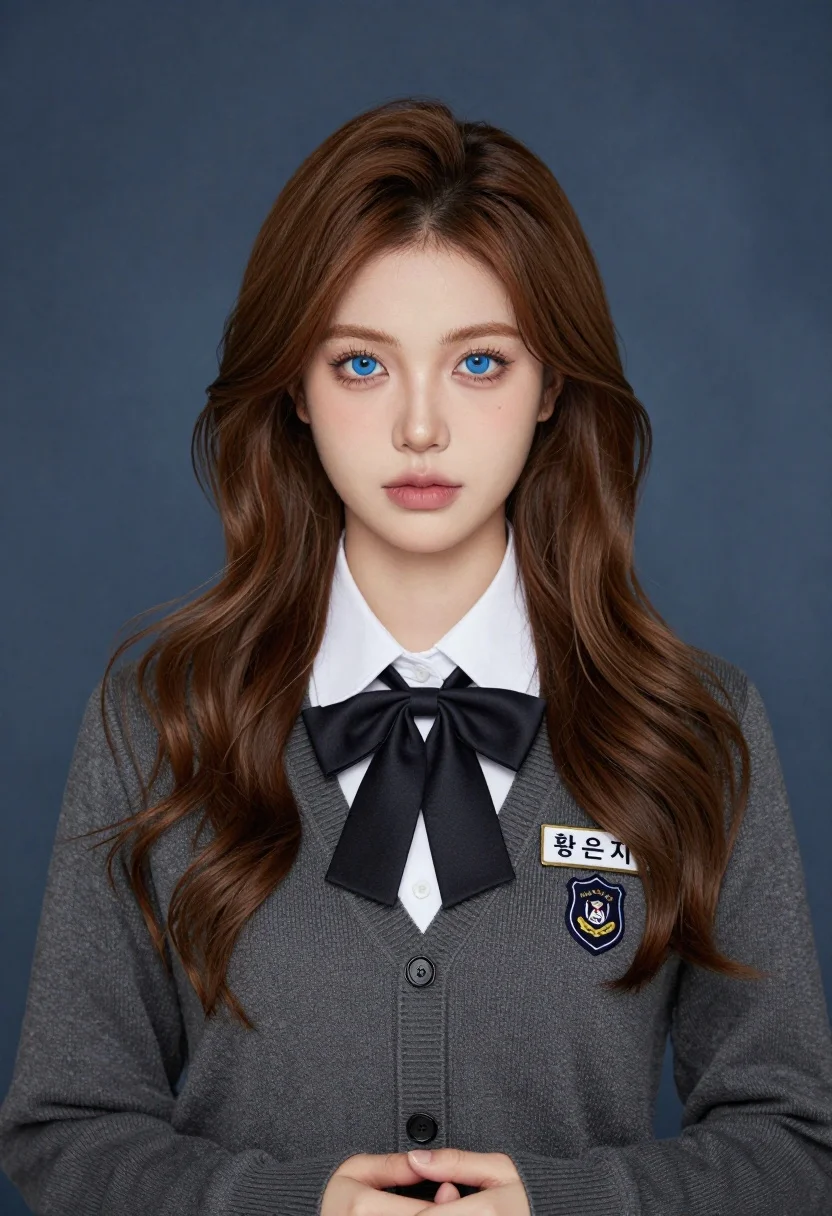 A young woman with long wavy brown hair and blue eyes wearing a dark grey cardigan and a black satin bow tie.