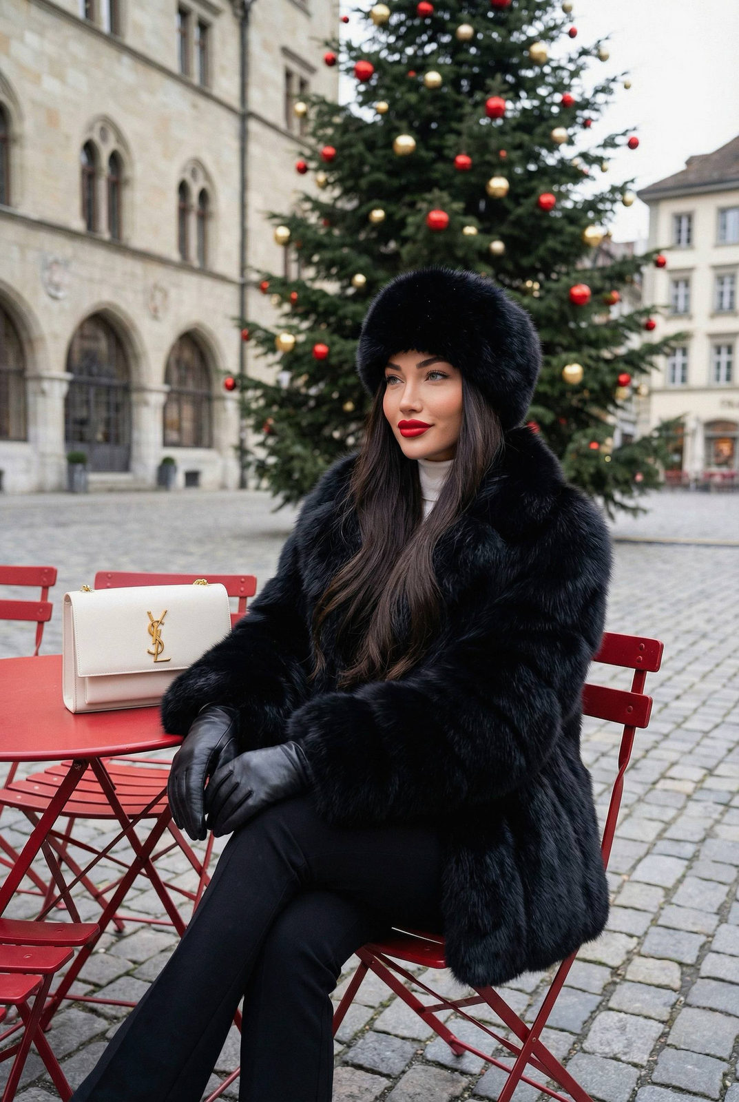Winter lifestyle portrait of an elegant woman in a black fur coat seated at a red café table with a Christmas tree in the background.