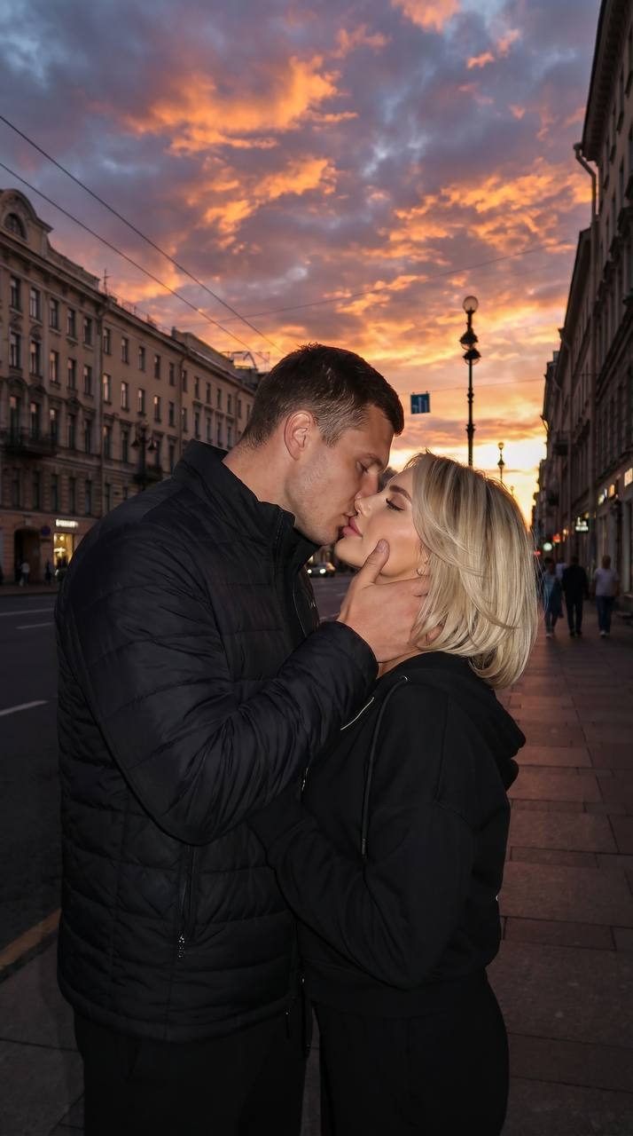 A loving couple sharing a kiss against an orange sunset on Nevsky Prospekt, with vibrant clouds illuminating the scene.