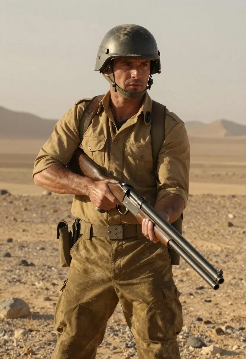 Photorealistic Medium Shot Rugged Soldier Standing Arid Desert Landscape Under