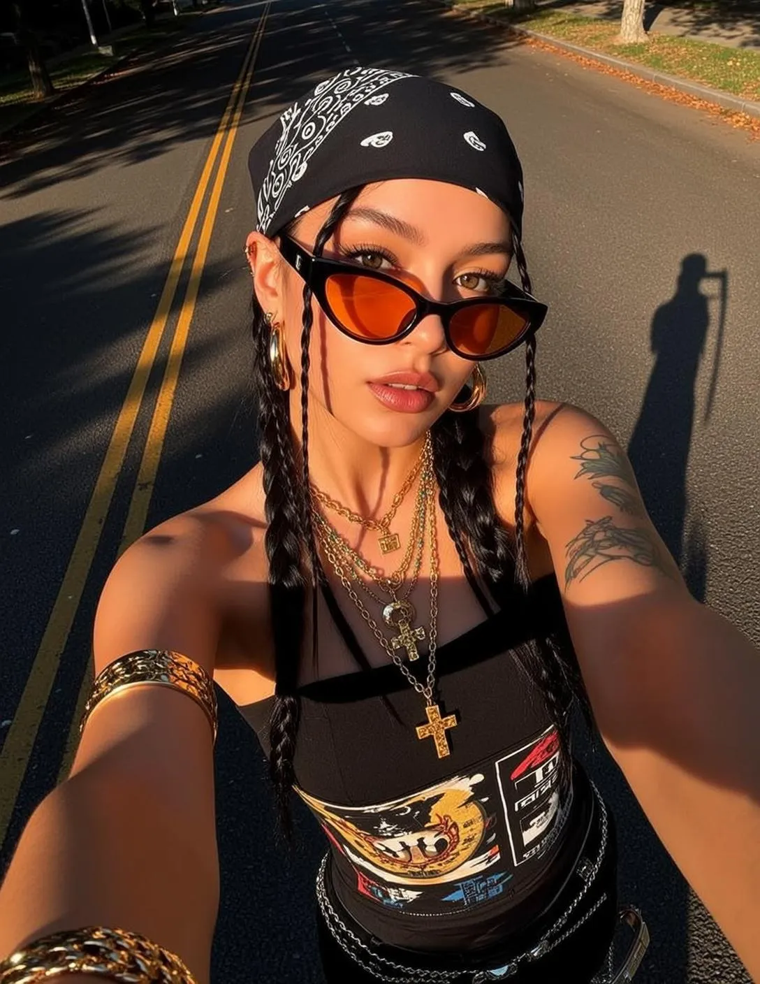Tattoos Sunglasses Earrings Necklace And Bracelets In Selfie Portrait