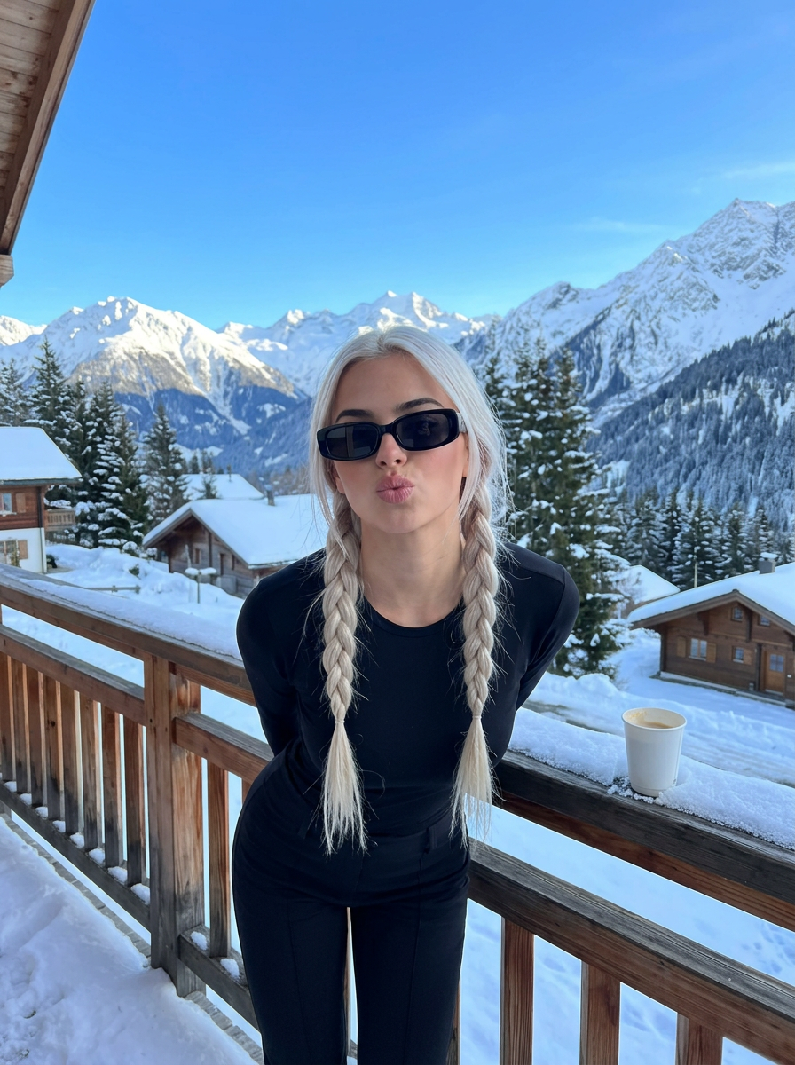 A model with braided hair and black sunglasses leans against a wooden railing, puckering lips next to a coffee cup with snowy mountains in the background.