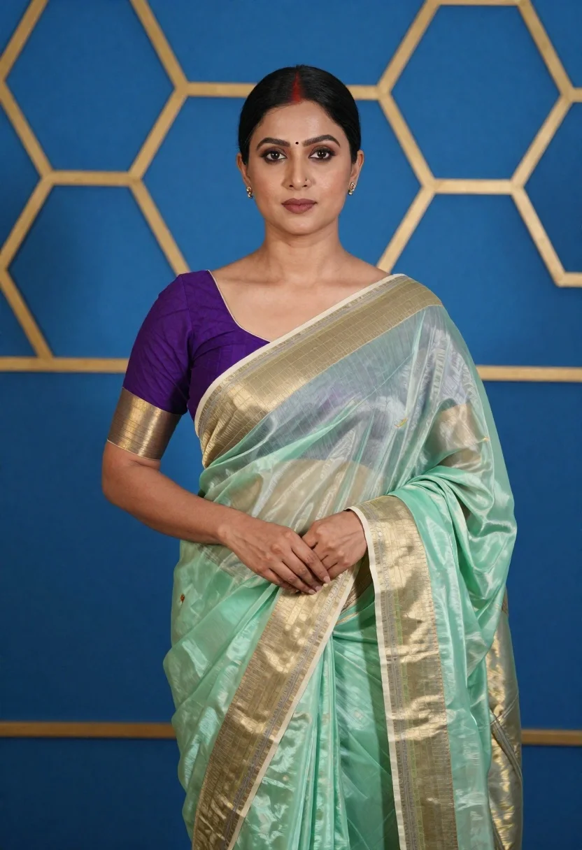Woman Stands Formal Portrait Pose Wearing Elegant Traditional Indian Saree reference photo