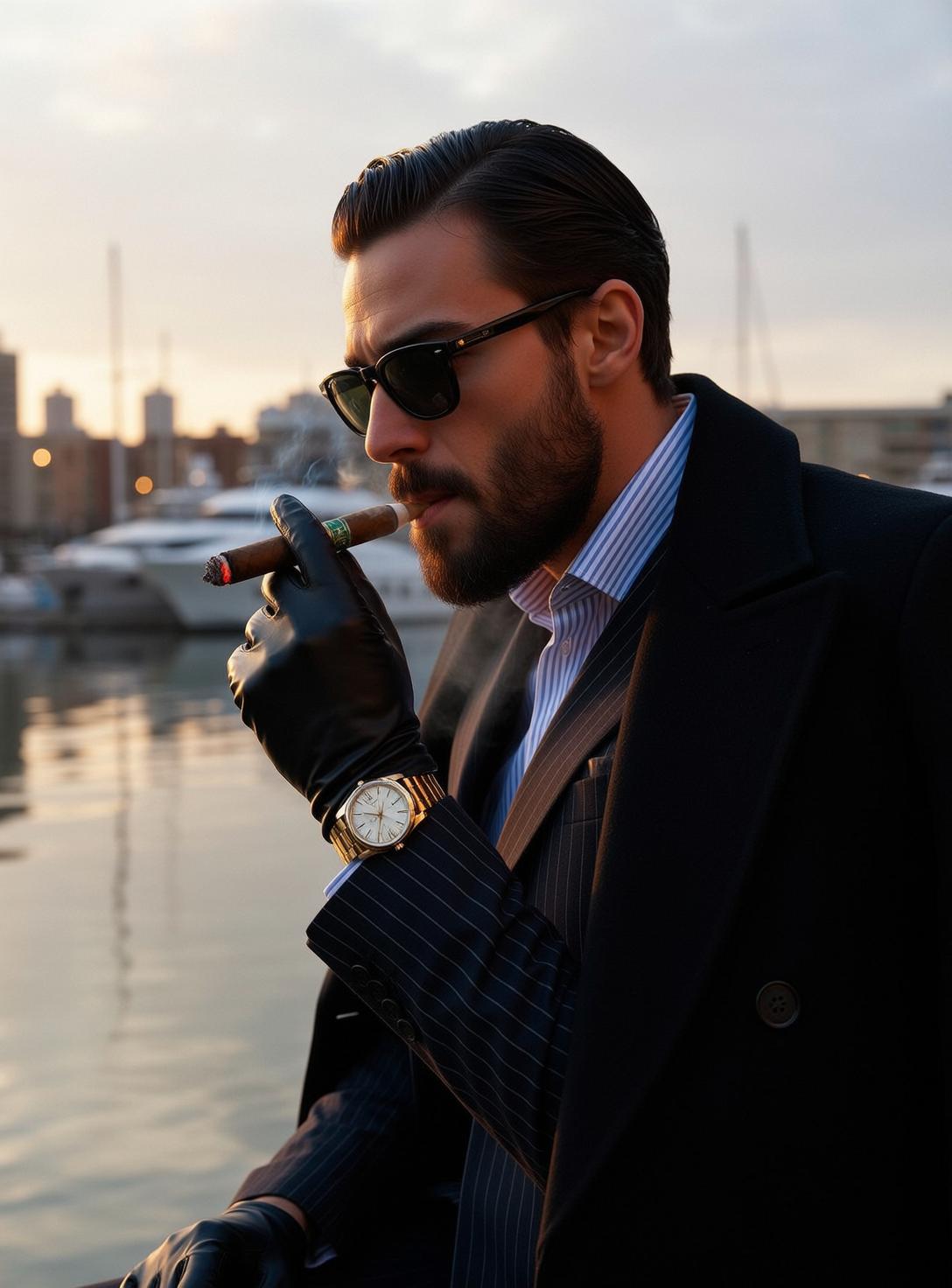 Beard Dark Slicked Back Tan Blue White