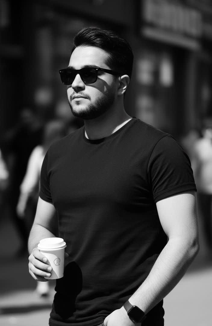 A young man in black sunglasses and t-shirt holding a paper cup, sunlight creating shadows, blurred background.