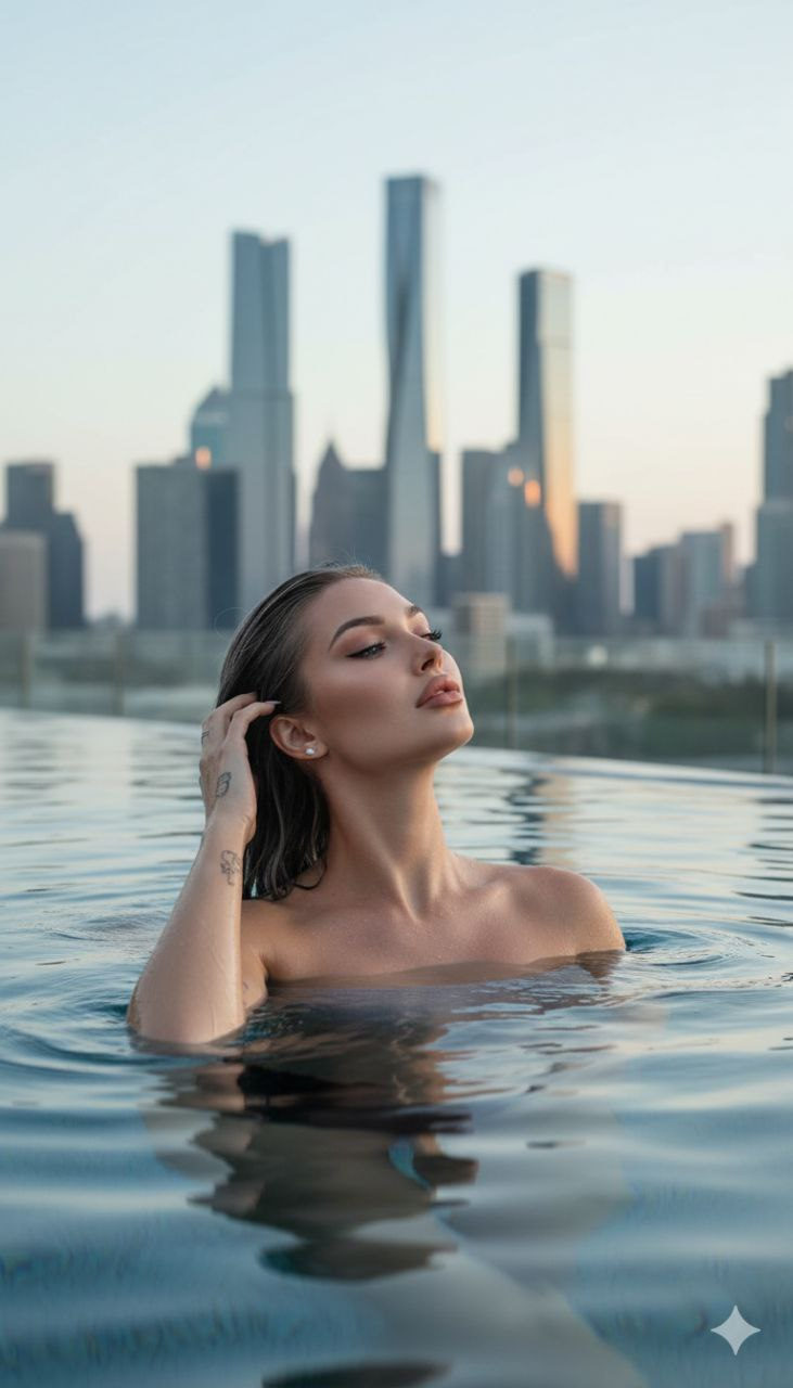 A beautiful woman with wet skin floating in a luxury hotel pool, cityscape in the background, capturing a mood of calmness and elegance.
