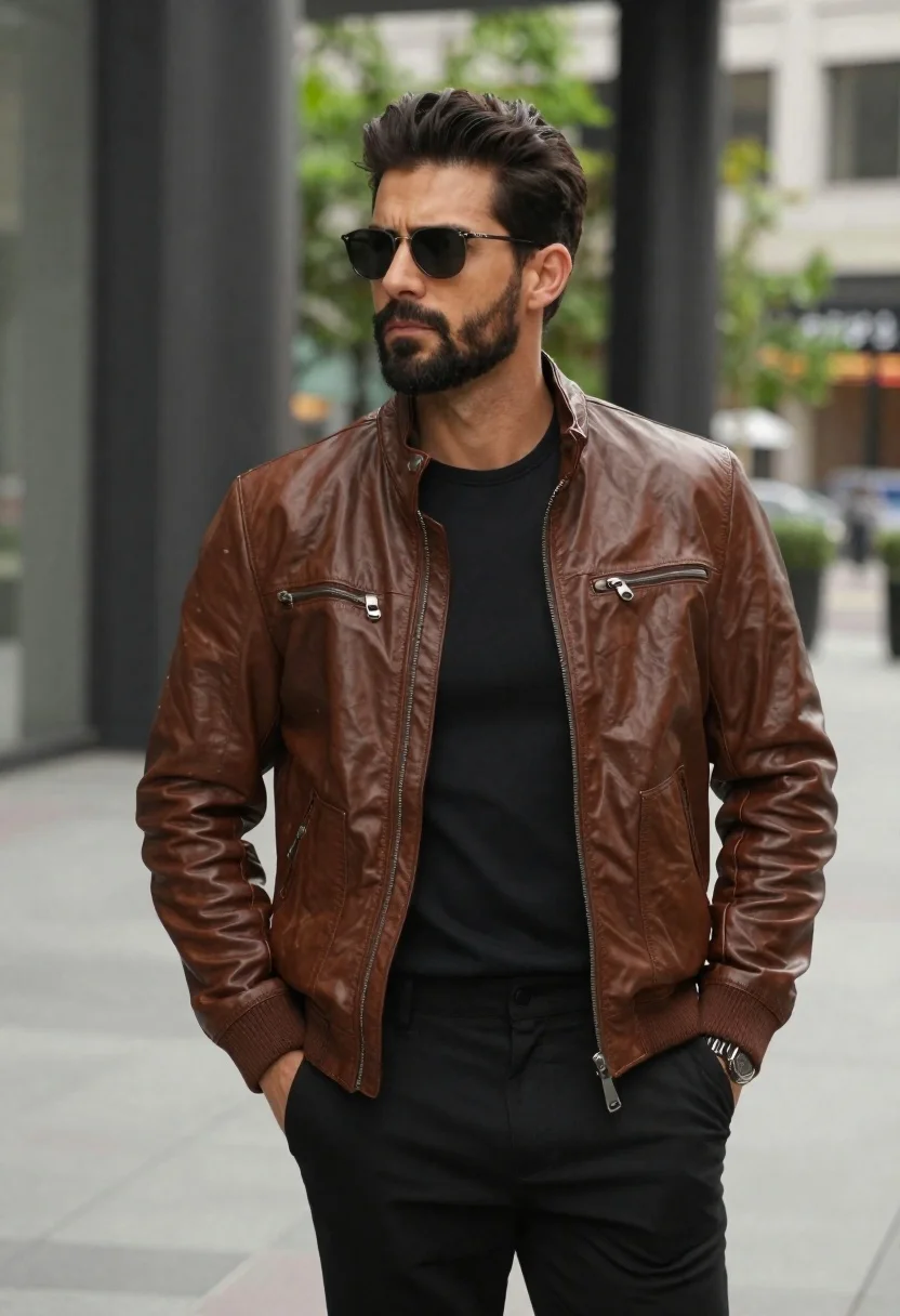 Confident Man With Dark Hair And Beard Stands Urban Setting