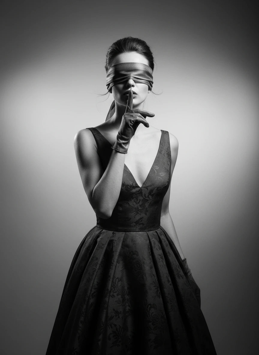 Elegant woman with blindfold, finger to lips in soft lighting, evokes silence.