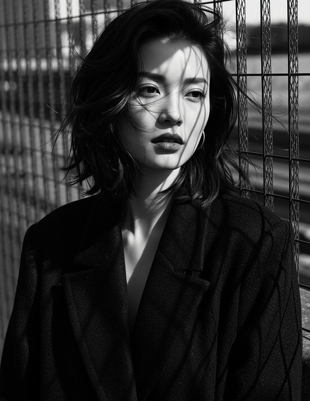 Photorealistic Black And White Medium Close-up Portrait Young East Asian