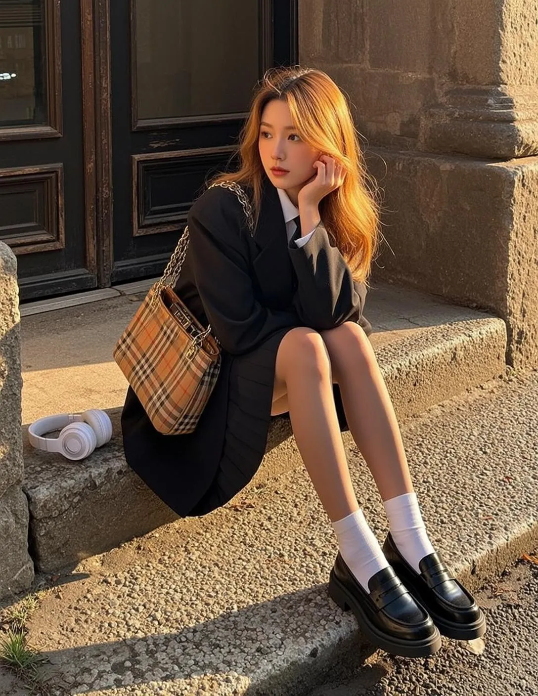 Auburn Hair Woman Sitting Stone Steps Golden Hour