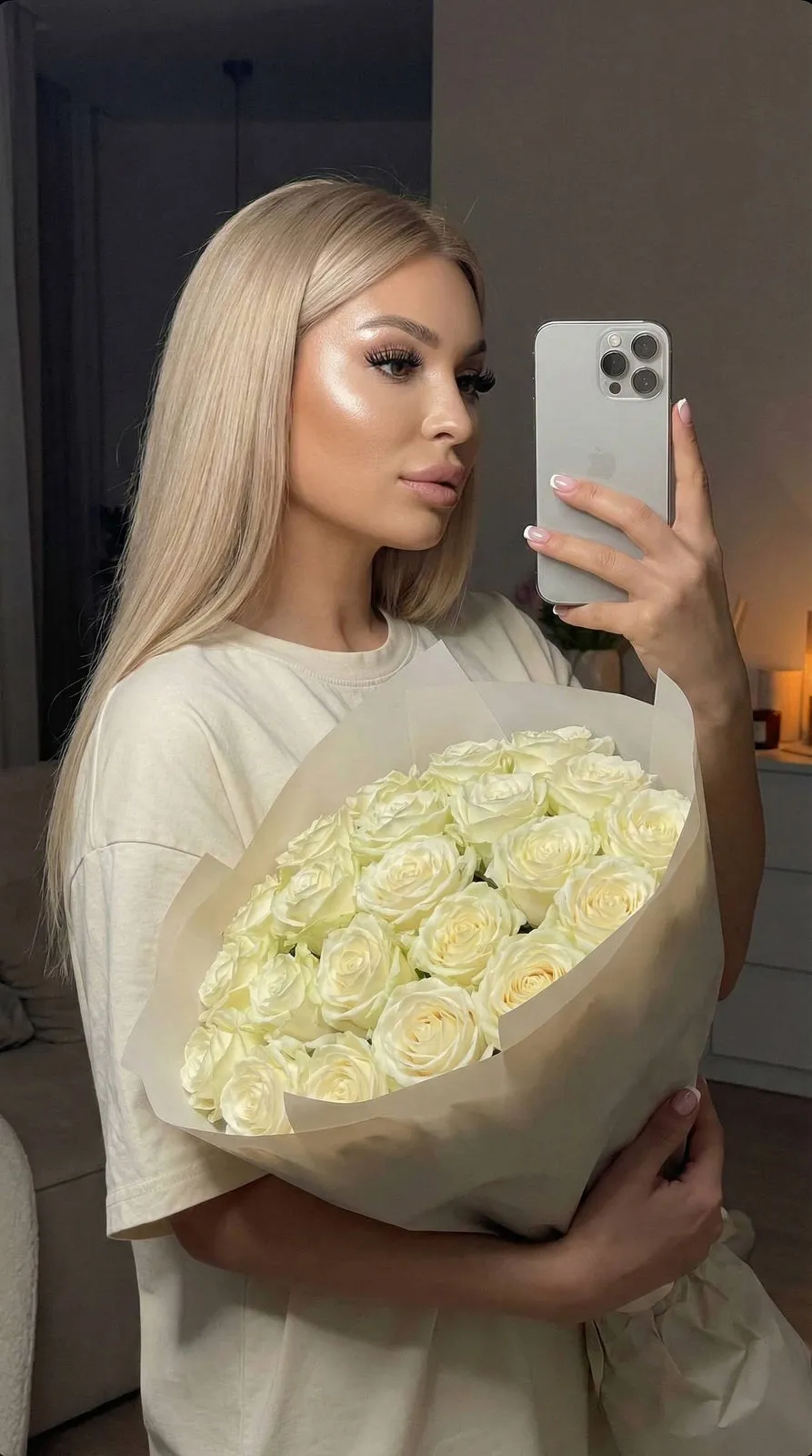 Realistic Girl Mirror Selfie White Roses