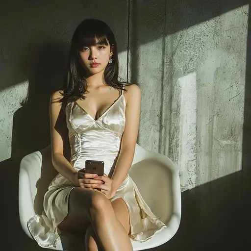 A woman with a new face and hairstyle in a satin dress, sitting elegantly.
