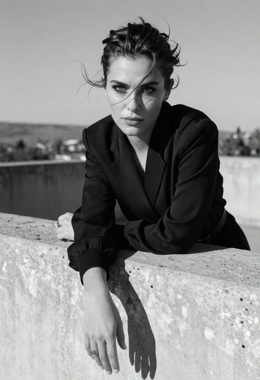 Woman Leans Forward With Her Arms Resting Weathered Concrete Ledge
